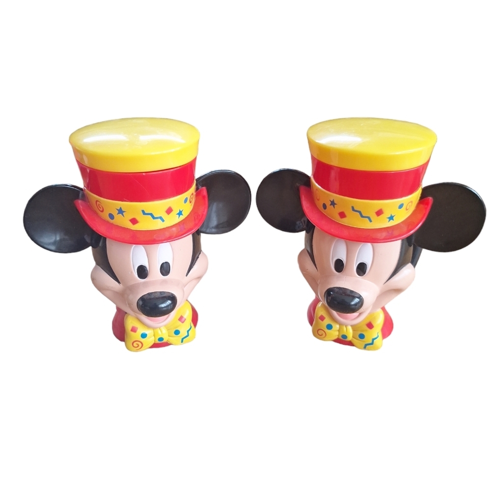 2 Vintage 3D Disney Mickey Mouse Plastic Mugs with Flip Lid